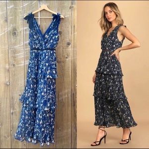 Lulus Such Sophistication Navy Blue and Black Floral Pleated Chiffon Maxi Dress